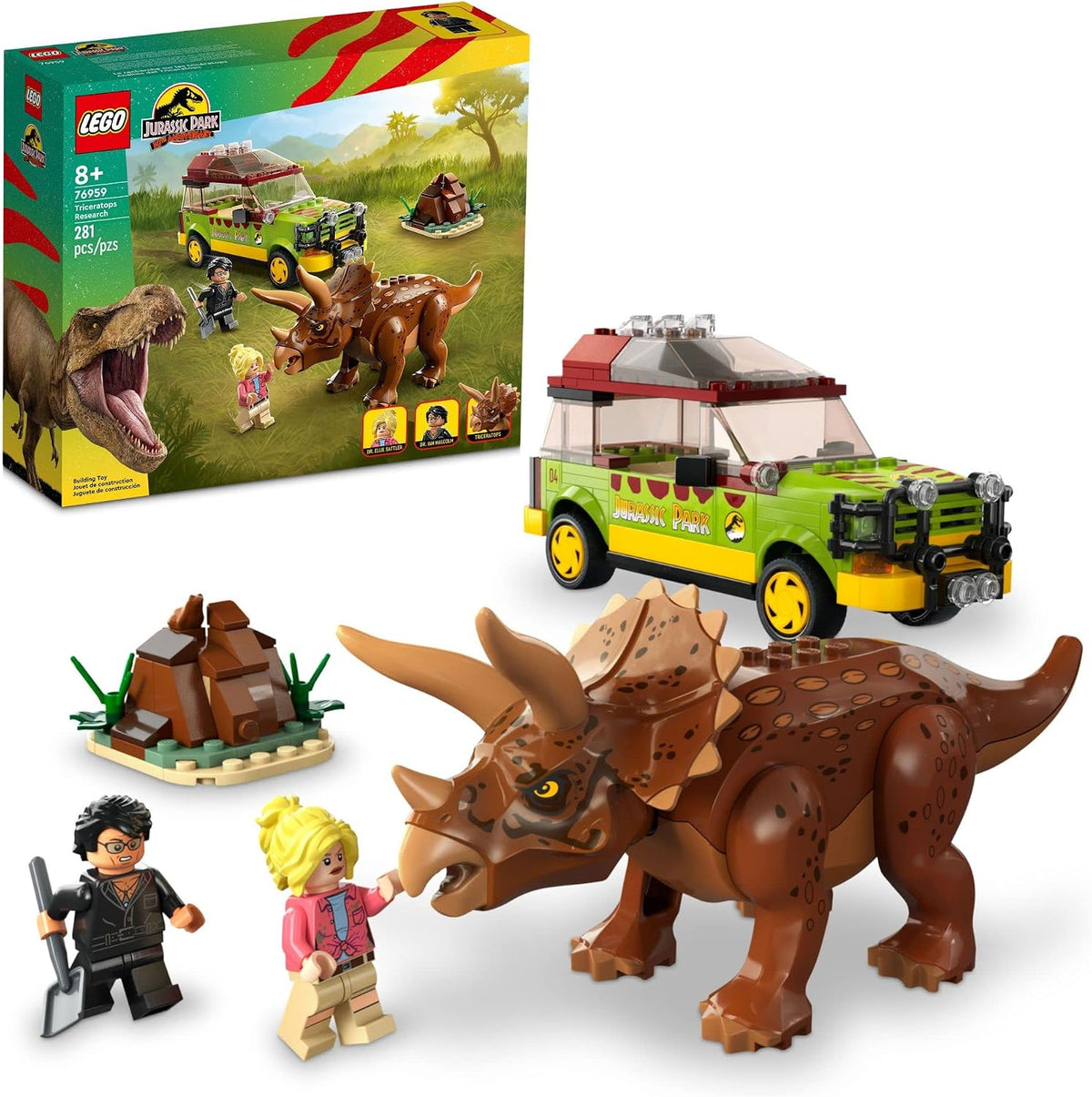 Brick-built research SUV parked beside a resting triceratops figure