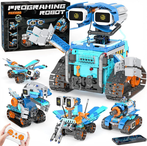 Brick-built remote control tank robot and dinosaur robot models