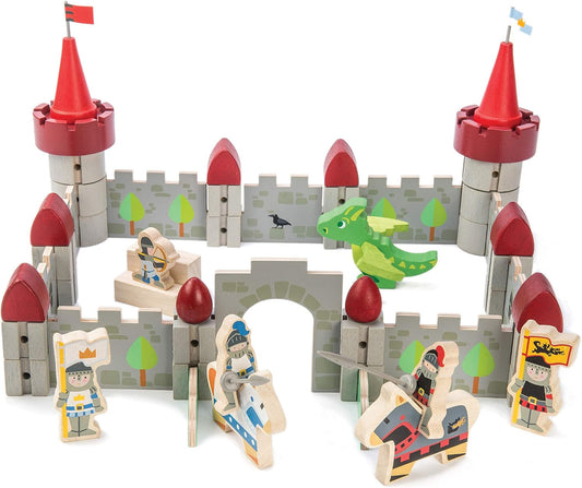 Wooden castle with clip-together walls, soldiers, horses and a baby dragon