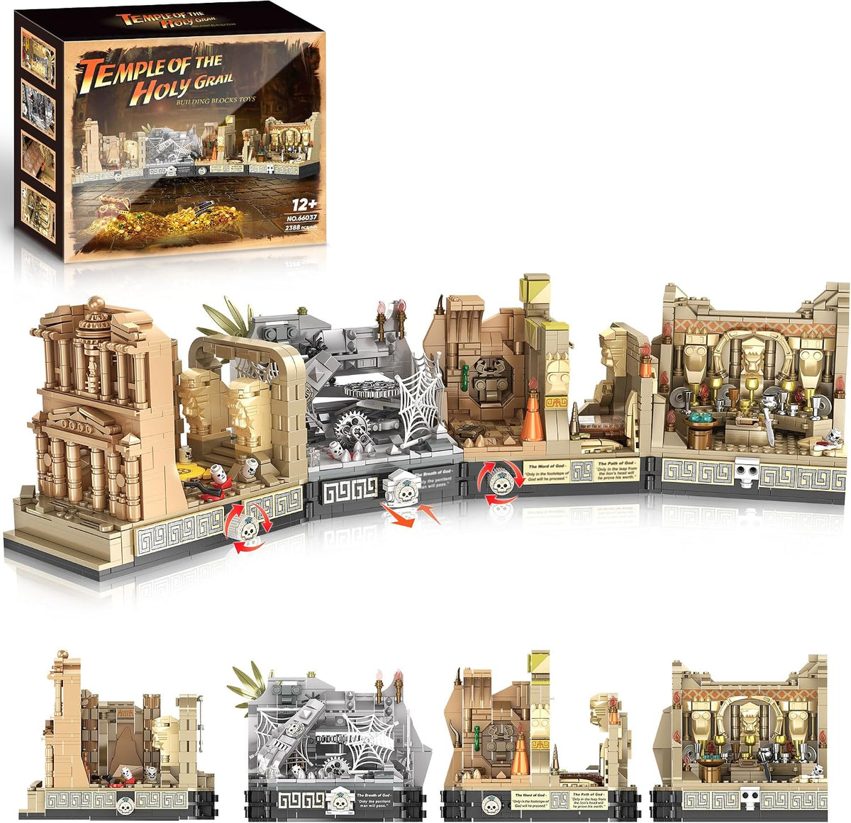 Three-level brick adventure temple with entrance gate, trap chambers and grail altar