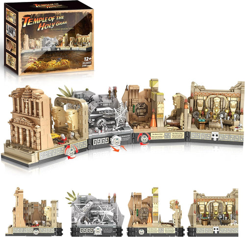Three-level brick adventure temple with entrance gate, trap chambers and grail altar
