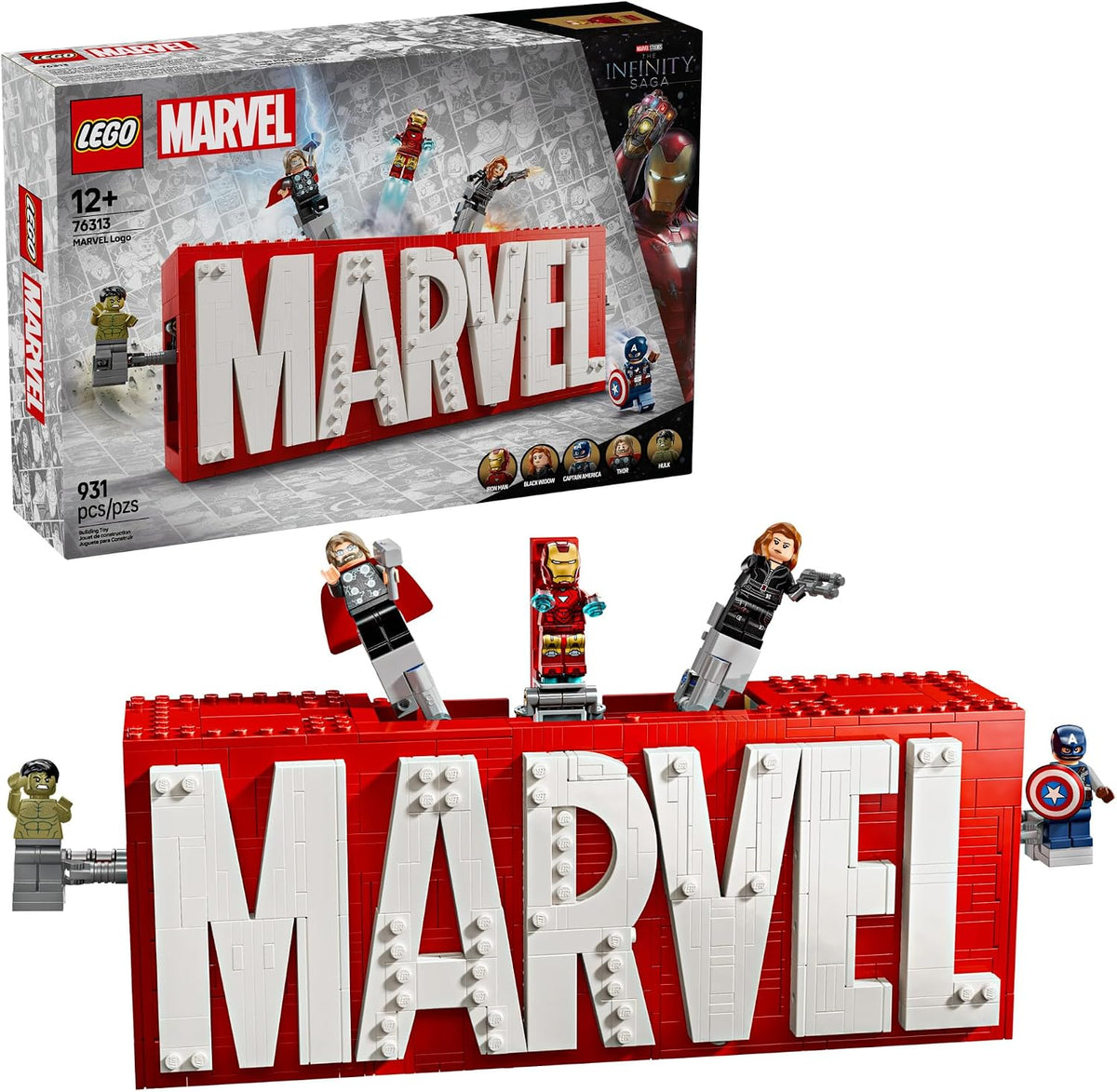 Red brick-built logo panel with five superhero minifigures popping out of the top