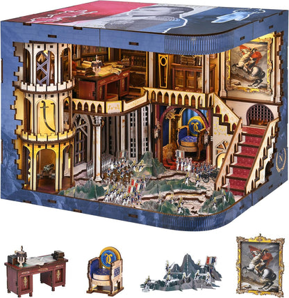 Lit fantasy castle book nook diorama standing between books on a shelf – view 11