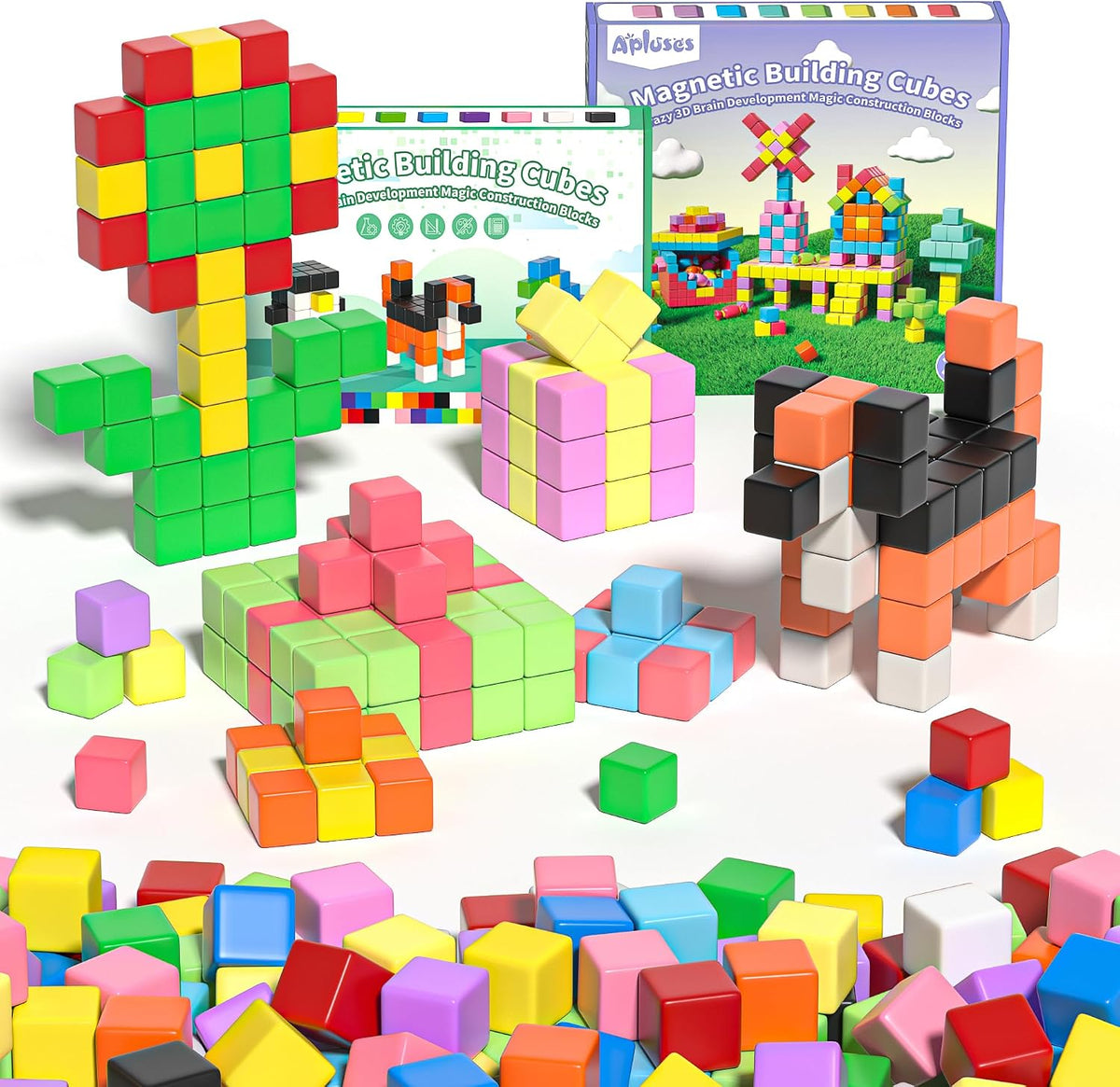Bright magnetic cubes built into a tower and geometric shapes with a storage bag