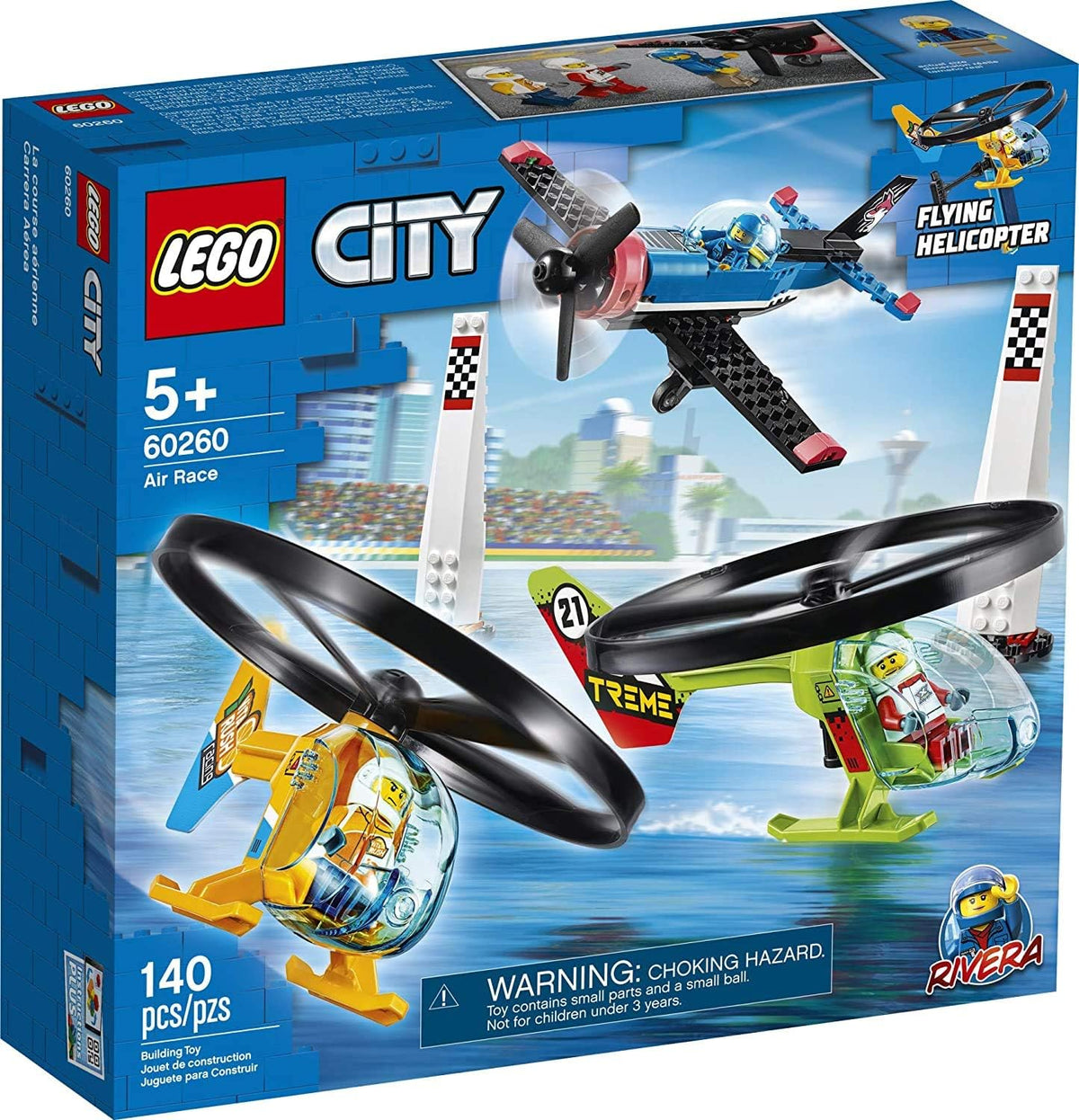 Built stunt plane and two ripcord helicopters with pilot figures beside race pylons
