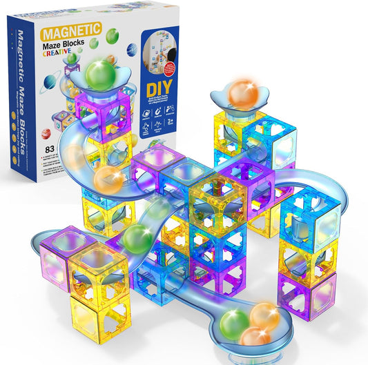 Marble run track built on magnetic tiles and brackets