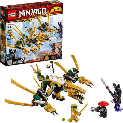 Brick-built golden dragon with spread wing blades and a ninja rider