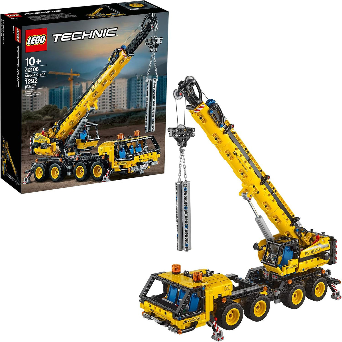 Large brick mobile crane with extended boom and eight wheels – view 2