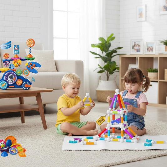 Colorful motorized gears and bendable magnetic tubes assembled into a space rocket