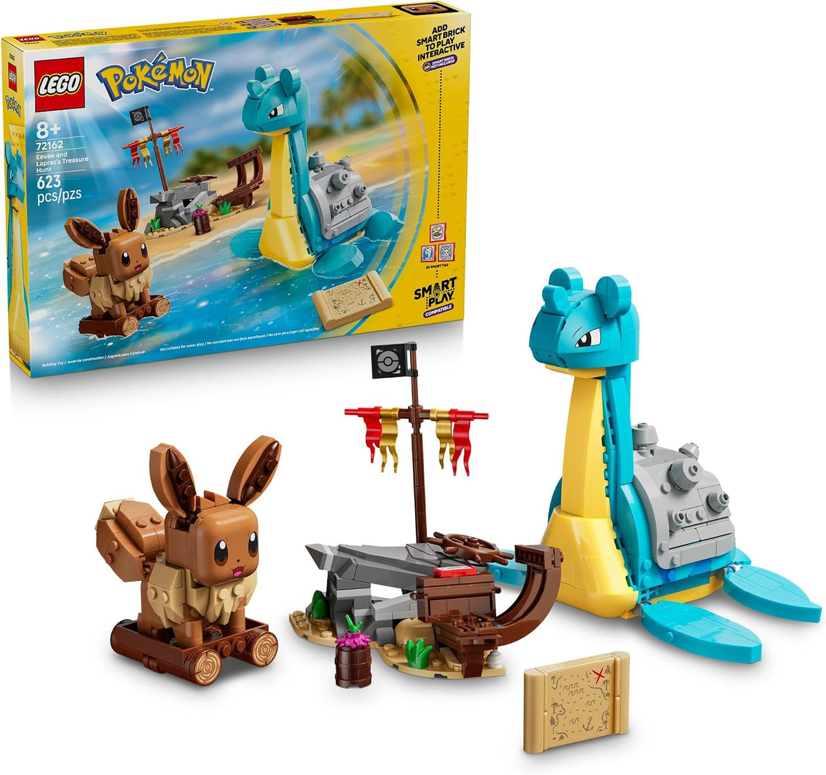 Brick-built raft with a small fox-like creature beside a sea creature and treasure chest