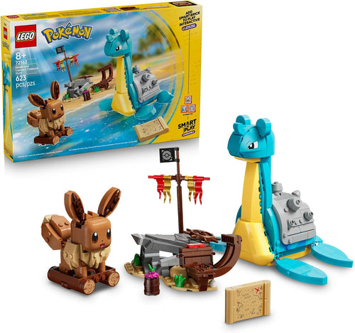 Brick-built raft with a small fox-like creature beside a sea creature and treasure chest