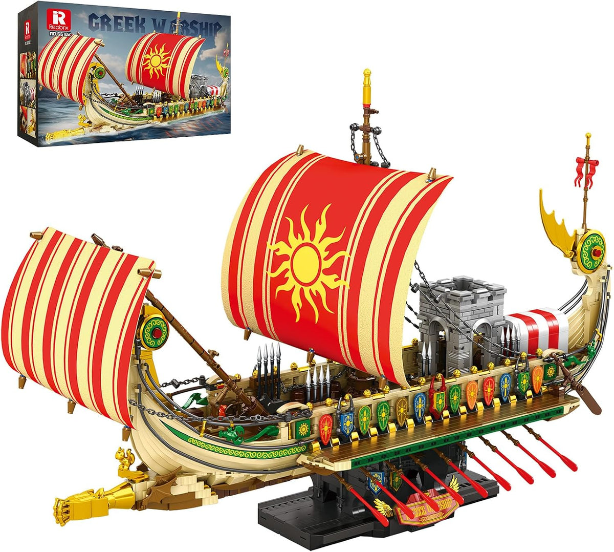 Large brick-built ancient Greek warship with sails and a pirate-style hull