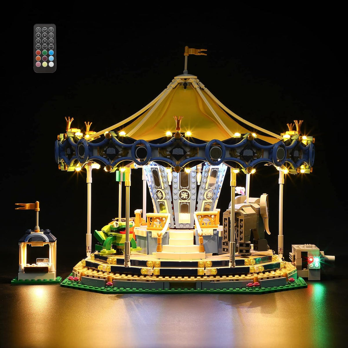 Fairground carousel brick model glowing with LED lights on canopy and horses