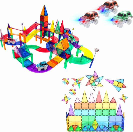 Magnetic tile race car track with ramps and colorful magnet tile structures
