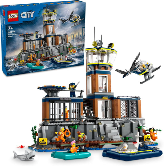 Brick-built island prison on a cliff with police helicopter, boats and officer figures