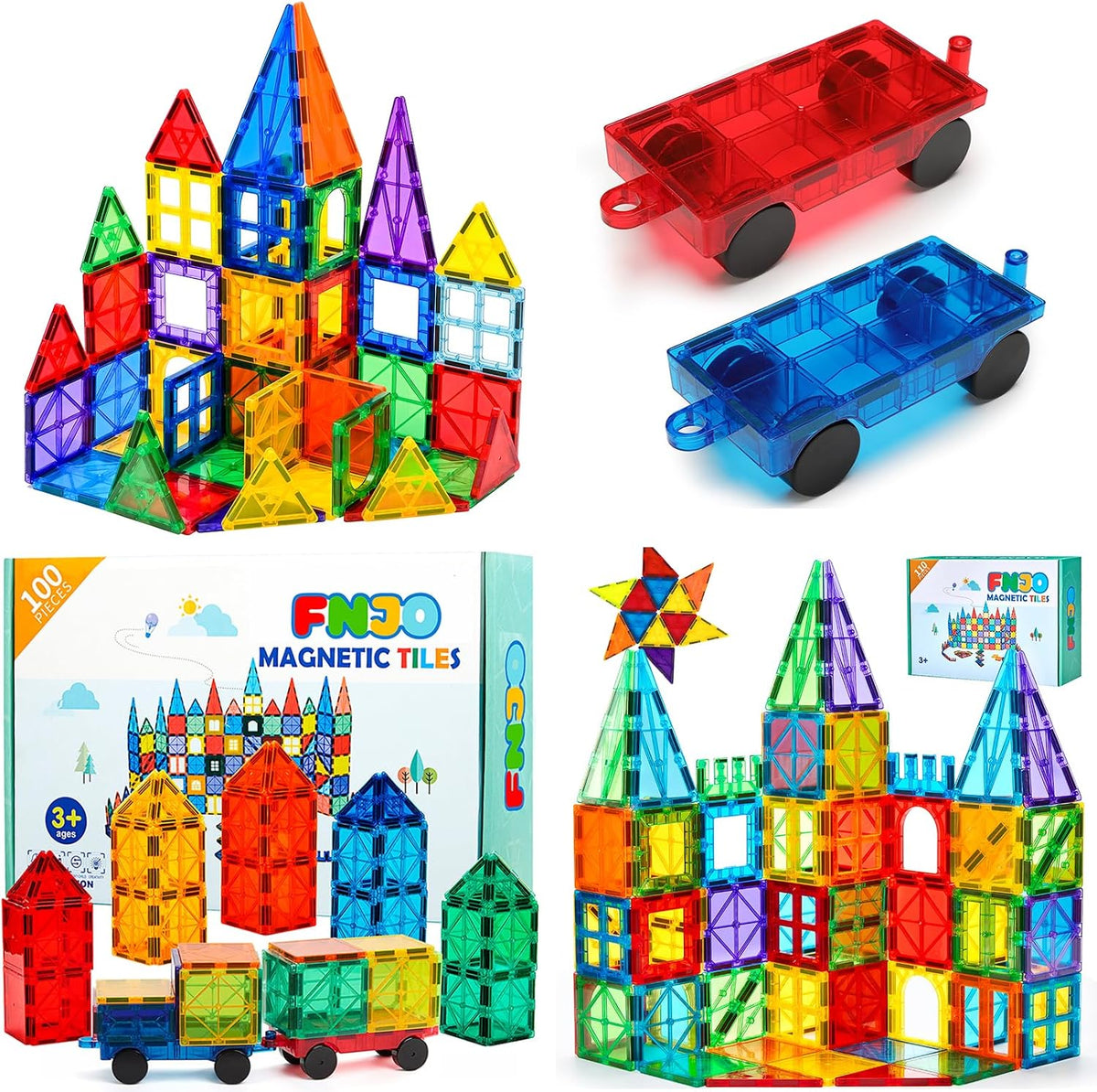 Colorful translucent magnetic tiles built into towers and ramp with two cars