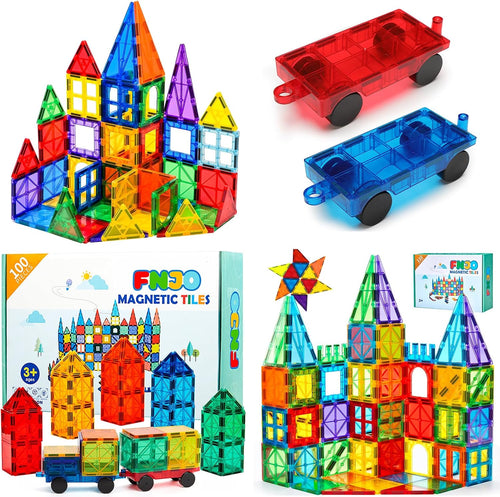 Colorful translucent magnetic tiles built into towers and ramp with two cars