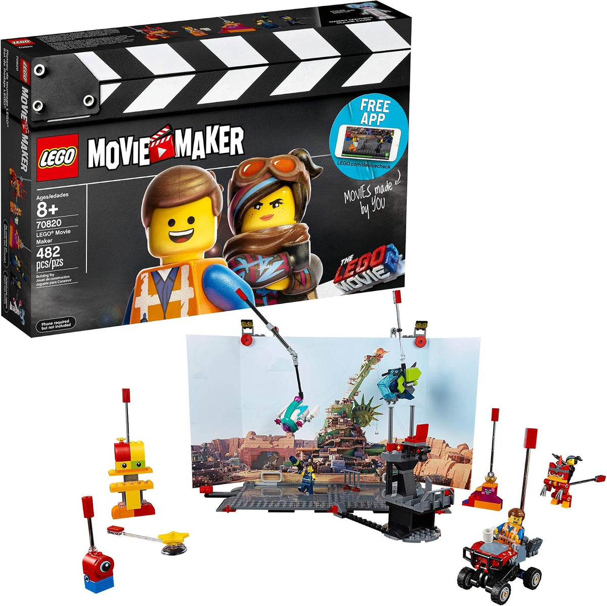 Brick movie stage with adjustable camera arm, backdrop and minifigure characters