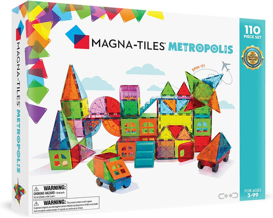 Colorful magnetic tiles built into a tall multi-level structure