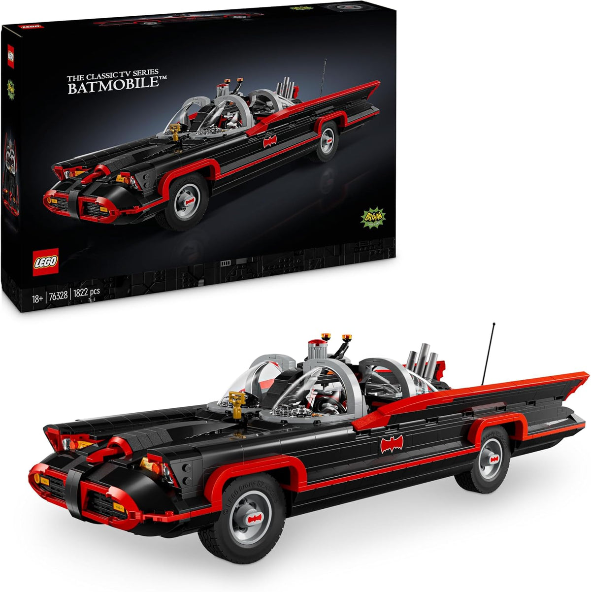 Brick-built armored patrol vehicle with a masked hero figure and spotlight tower – view 6