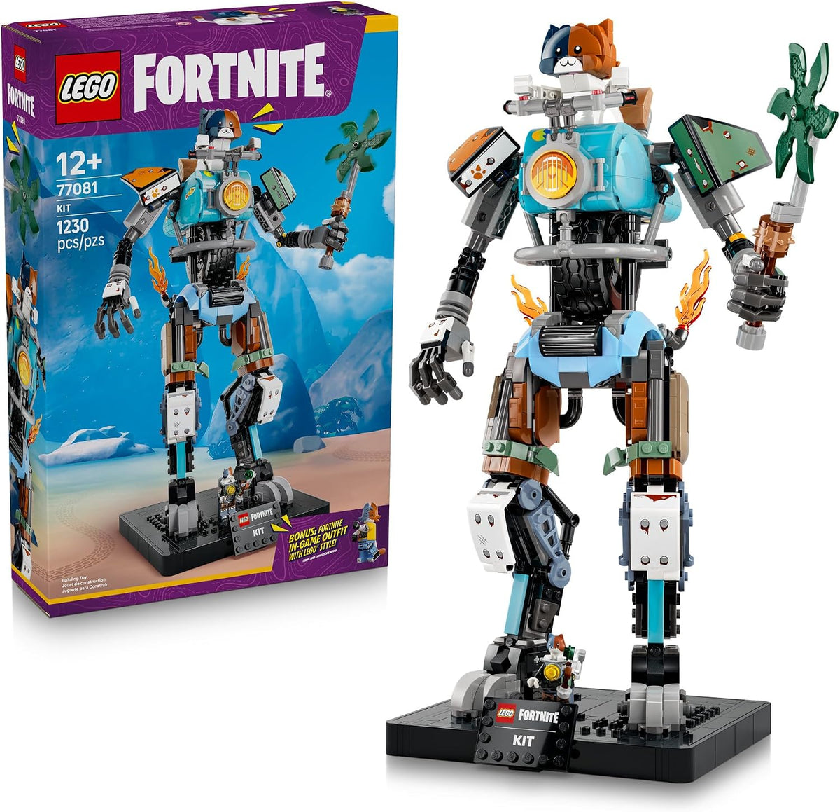 Brick-built gaming character figure holding a claw beside a bike