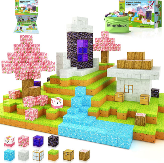 Magic portal and blocky scene built from colorful magnetic tiles