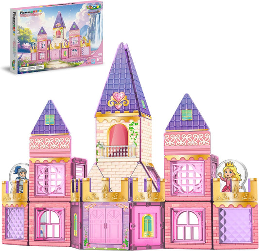 Colorful magnetic tiles built into a princess castle with two figures
