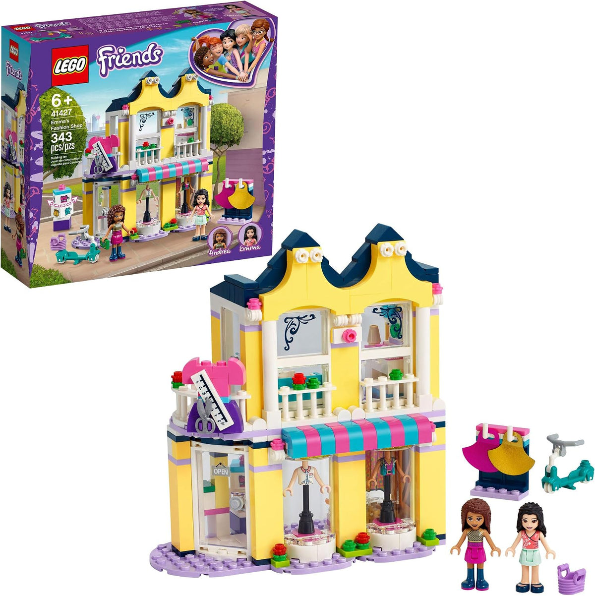Brick-built two-story pink fashion boutique with clothing racks and two mini-doll figures