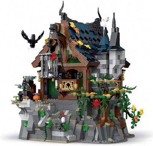 Spooky modular witch house brick building with Halloween details
