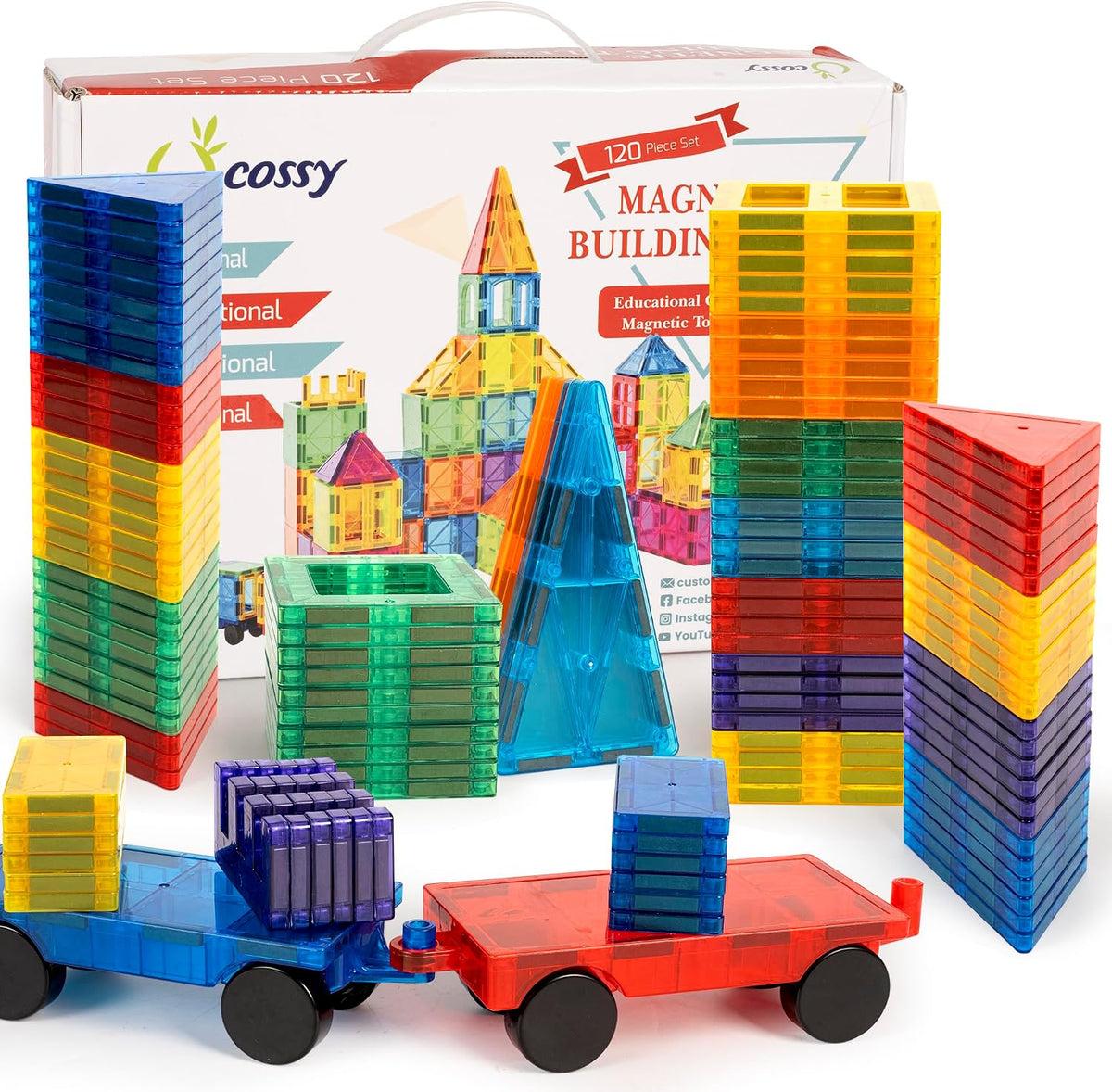 Colorful magnetic tiles built into ramps and towers with two toy cars – view 2