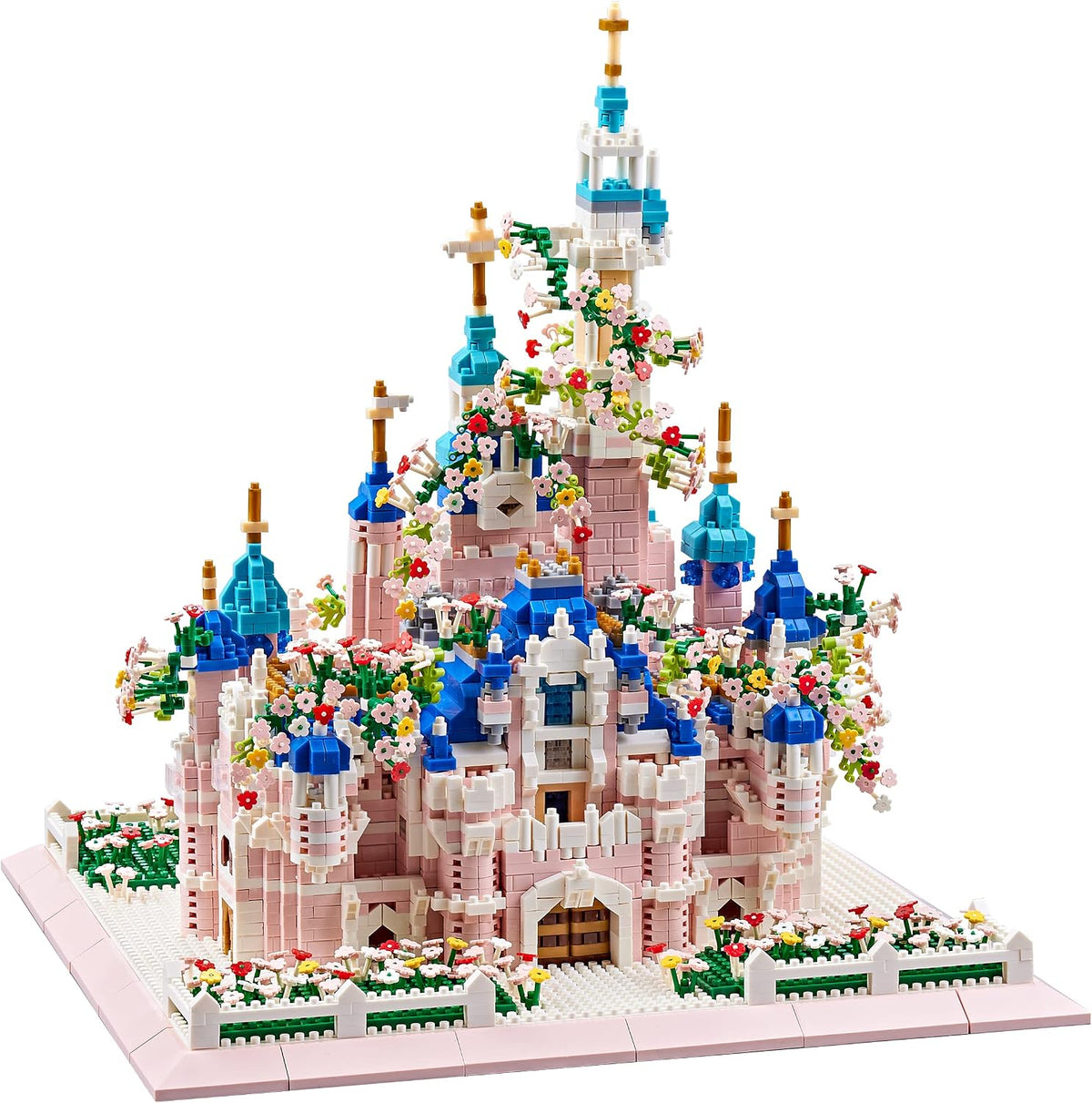 Micro block fairytale castle surrounded by colorful flowers