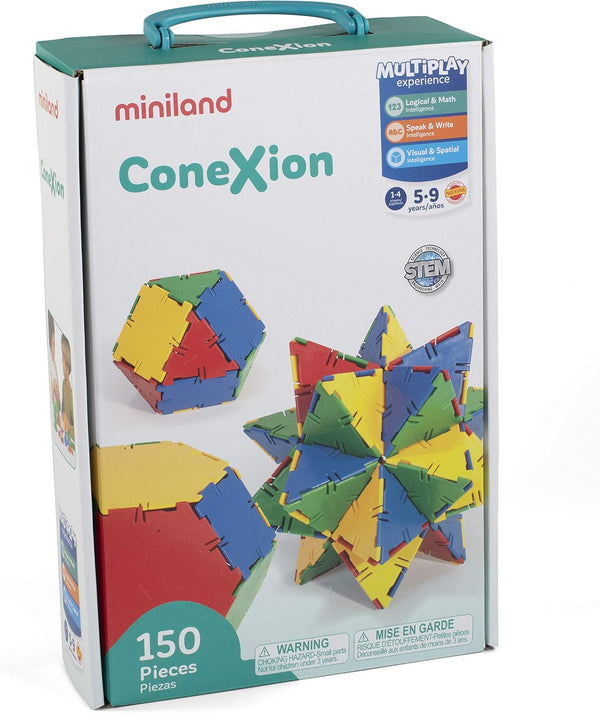 Colorful plastic polygons joined into 3D polyhedron shapes beside a carrying case