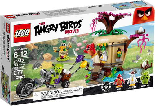 Brick-built bird house with catapult staircase and green pig figure on a trike