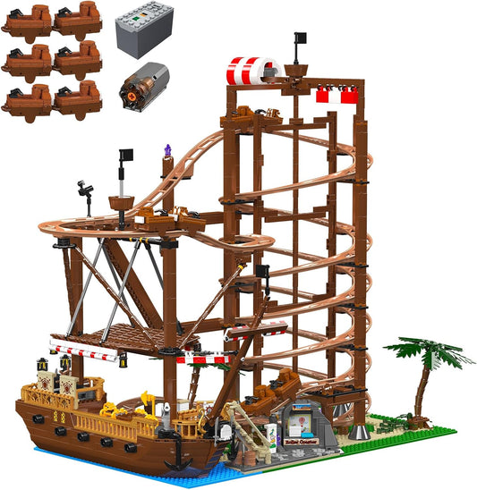Brick-built roller coaster with colorful track and support towers