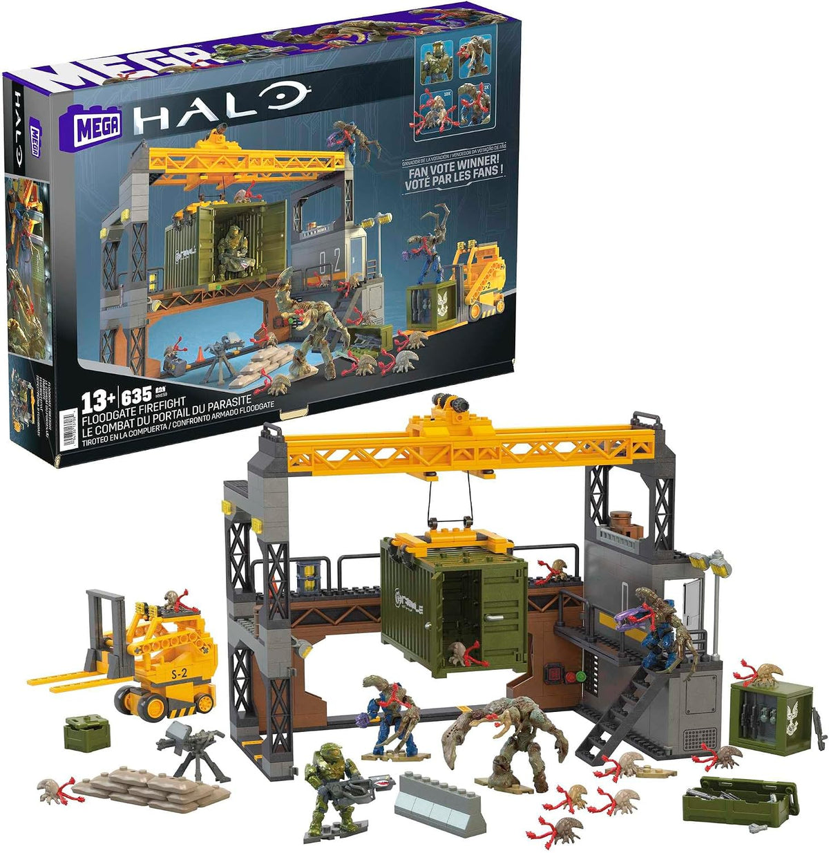 Brick-built sci-fi factory with forklift, micro action figures and parasite creatures