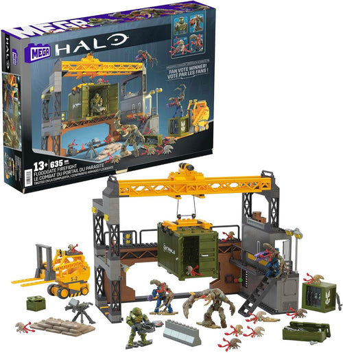 Brick-built sci-fi factory with forklift, micro action figures and parasite creatures