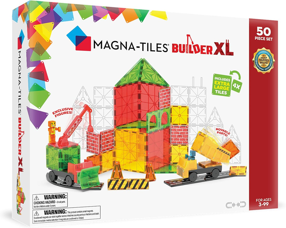 Tall tower built from colorful extra-large magnetic construction tiles