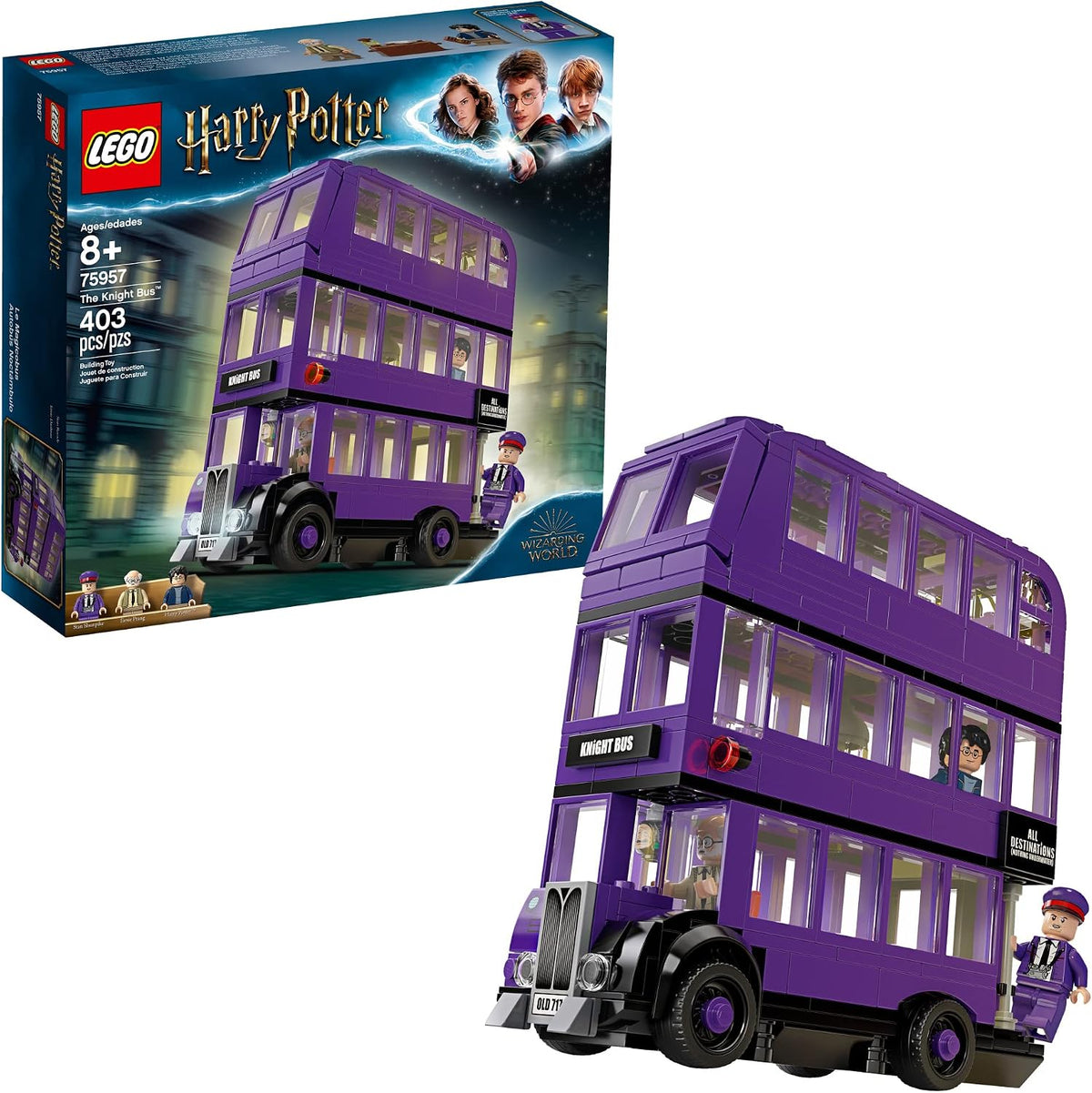 Purple triple-decker magic bus brick model with roof lifted