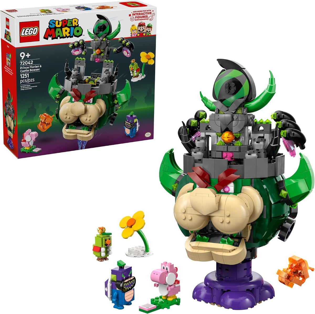 Brick-built flying villain castle with angry face above a small prince figure