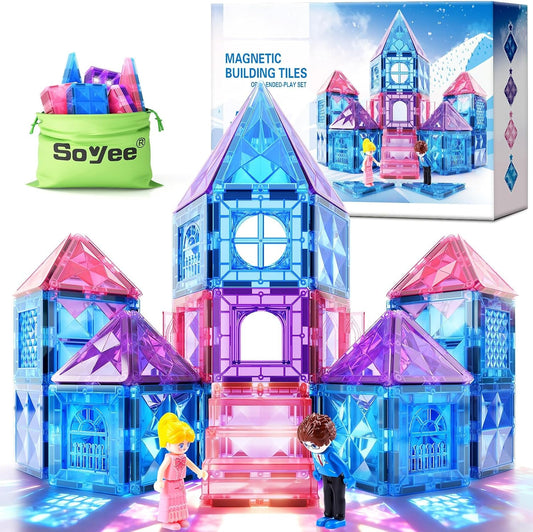 Colorful diamond magnetic tile castle with stairs and small dolls