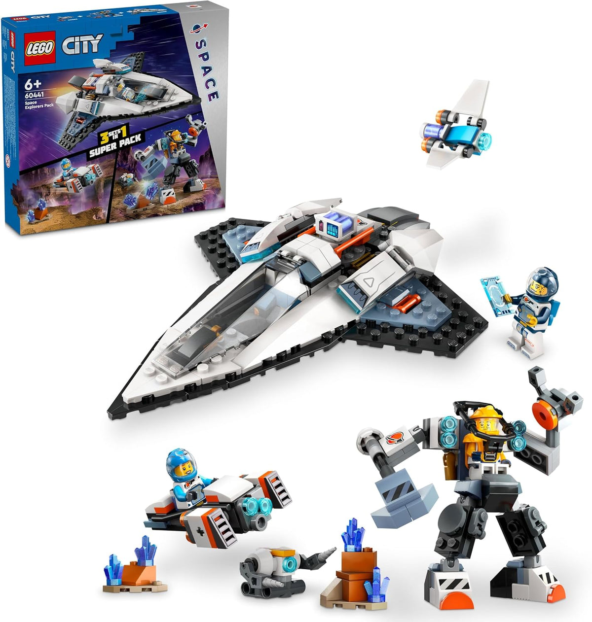 Brick-built white space mech, spaceship and hoverbike with crew minifigure