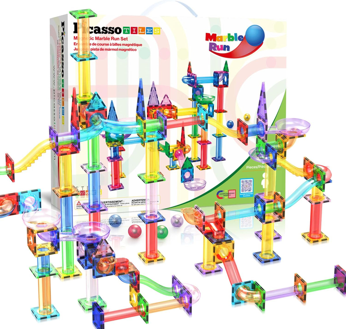 Colorful magnetic tile marble run tower with ramps and two glowing toy cars – view 5