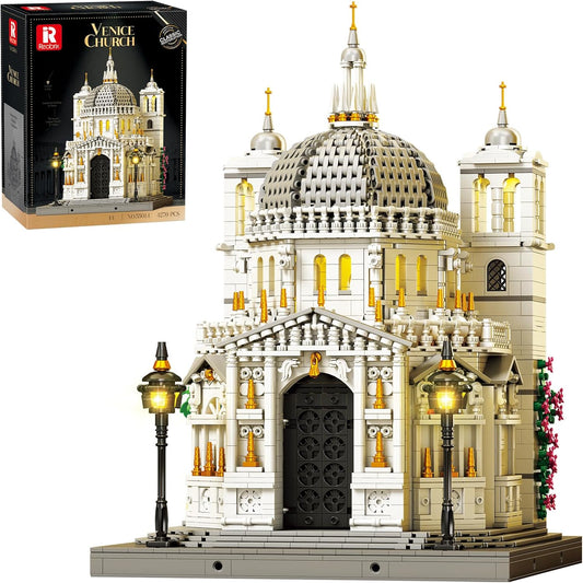White domed Venice church brick model with lit windows