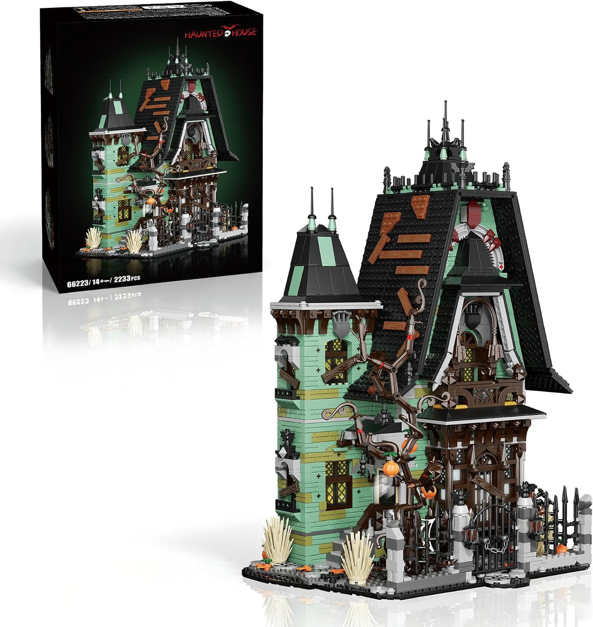 Built gothic haunted house brick model glowing with LED lights in the windows
