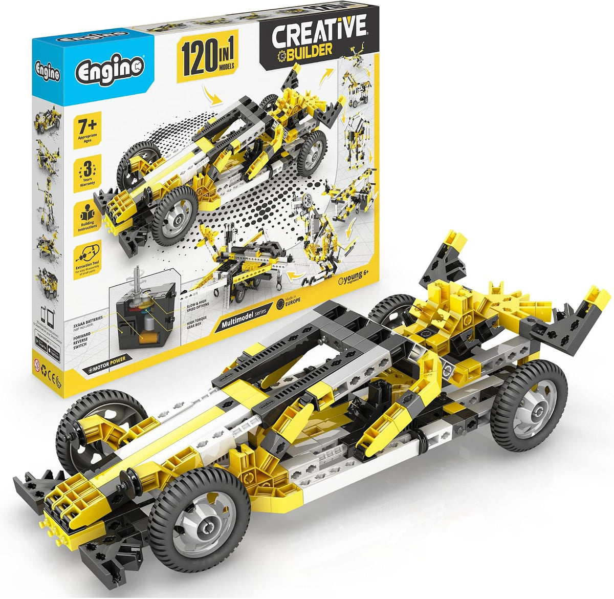Built motorized toy vehicle model from snap-together construction parts – view 3