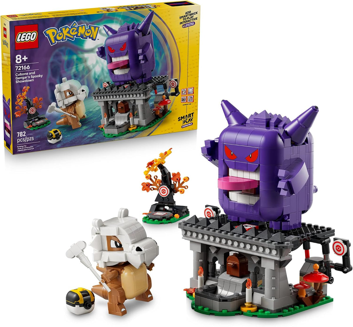 Spooky creature showdown brick scene with tree target and treasure chest