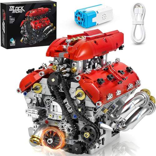 Brick-built silver V8 car engine model with visible mechanical parts