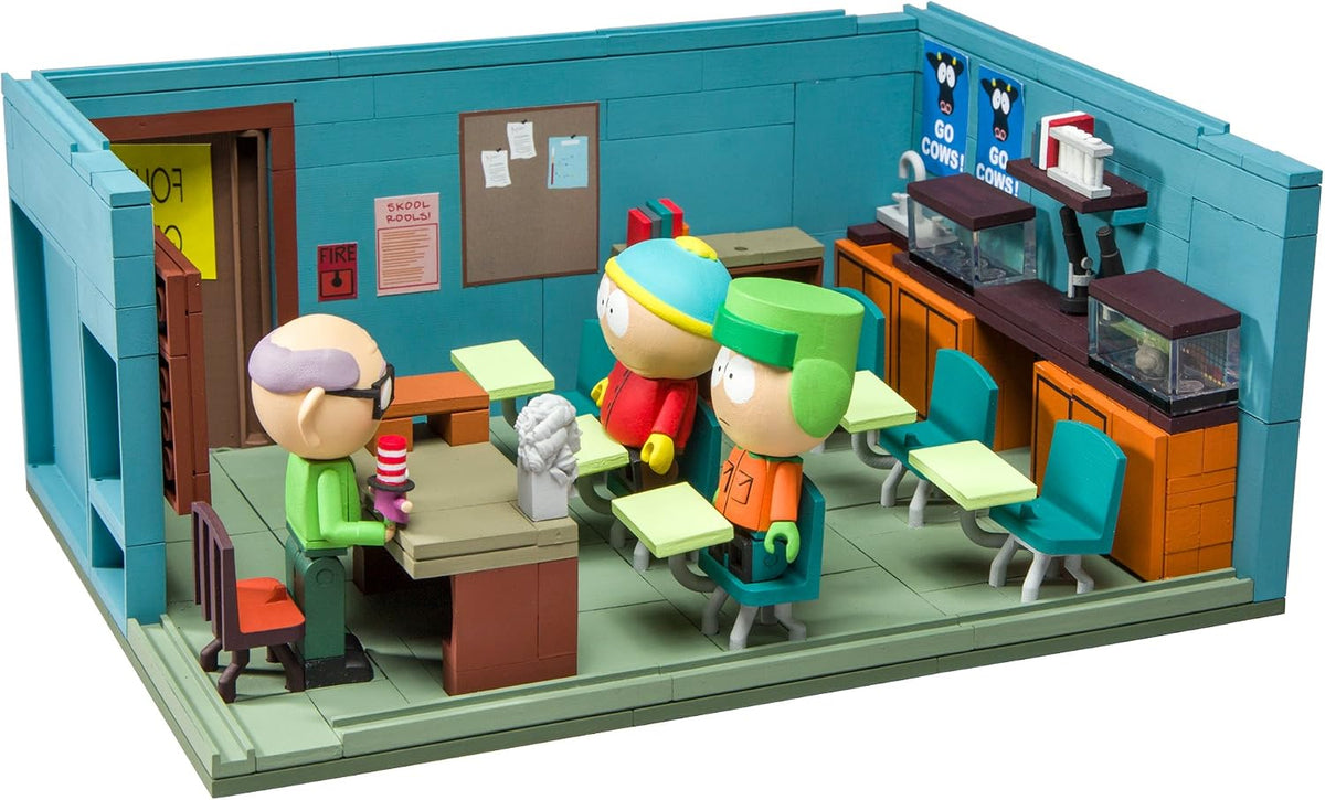 Brick-built cartoon classroom with desks, school accessories and three figures