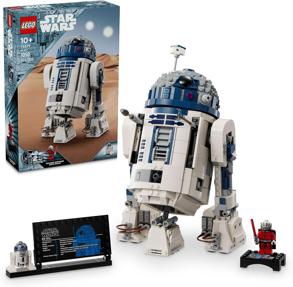 Blue and white brick-built astromech droid with domed head and periscope