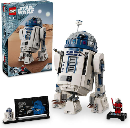Blue and white brick-built astromech droid with domed head and periscope